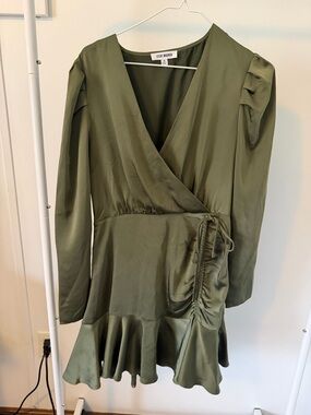 Steve Madden Olive Satin Wrap Dress with Ruffle Hem